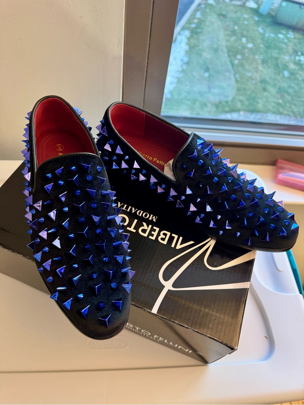Black Velvet Loafers with Blue Stud Spikes